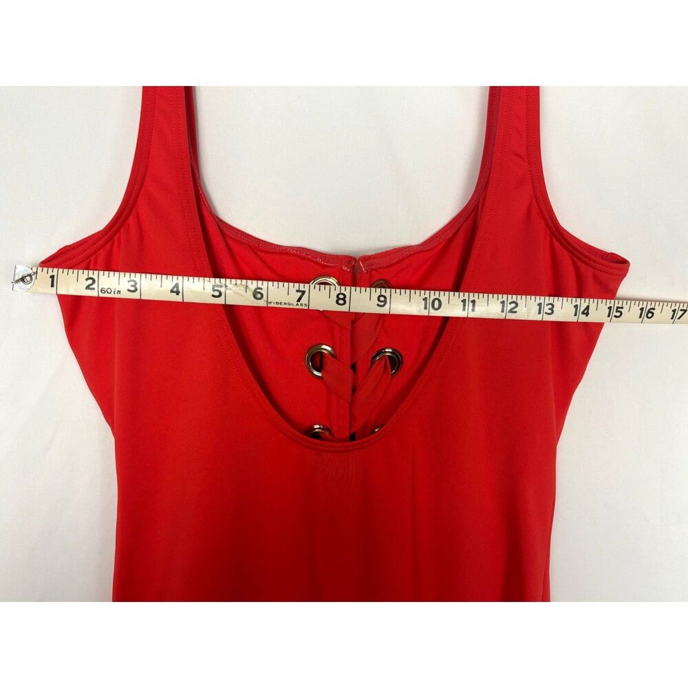 Michael Kors Lace Up Front One Piece Swimsuit Red Coral Grommet Monokini Sz 12 - Picture 8 of 10
